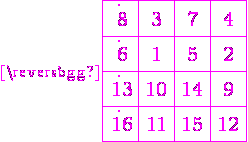 \magenta \Large \array{|c25|c25|c25|c25|$ \hline \\ . \vspace{5} \\ \vspace{10} 8 & 3 & 7 & 4 \\ \hline\\ . \vspace{5} \\ \vspace{10} 6 & 1 & 5 & 2\\ \hline\\ . \vspace{5} \\ \vspace{10} 13 & 10 & 14 & 9 \\ \hline\\ . \vspace{5} \\ \vspace{10} 16 & 11 & 15 & 12 \\ \hline}